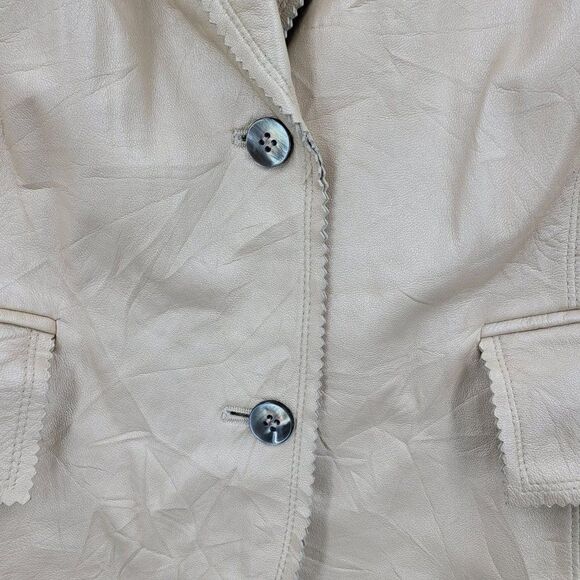 Vintage 90s Anne Klein Retro 70s Leather Jacket 1X Champaign Frayed Edges Button - Picture 7 of 14